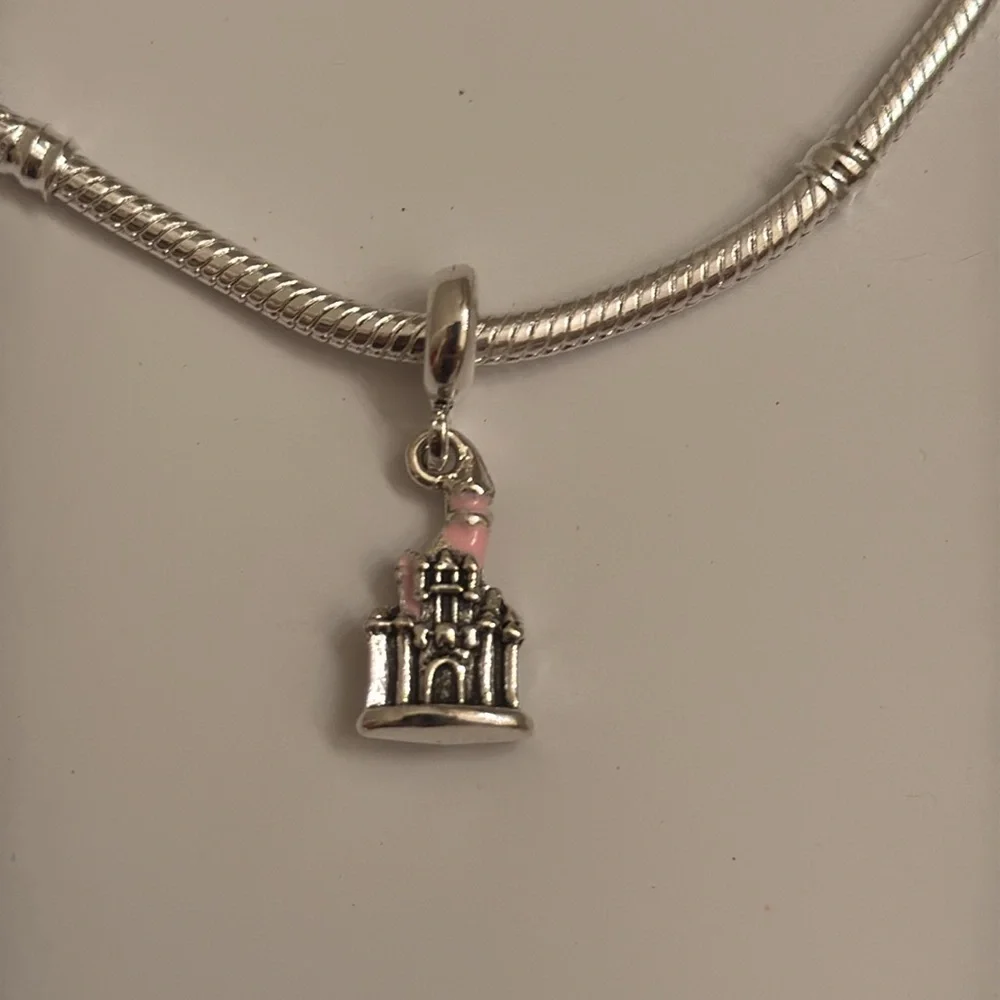 Silver tone Castle Charm with Pink Accents